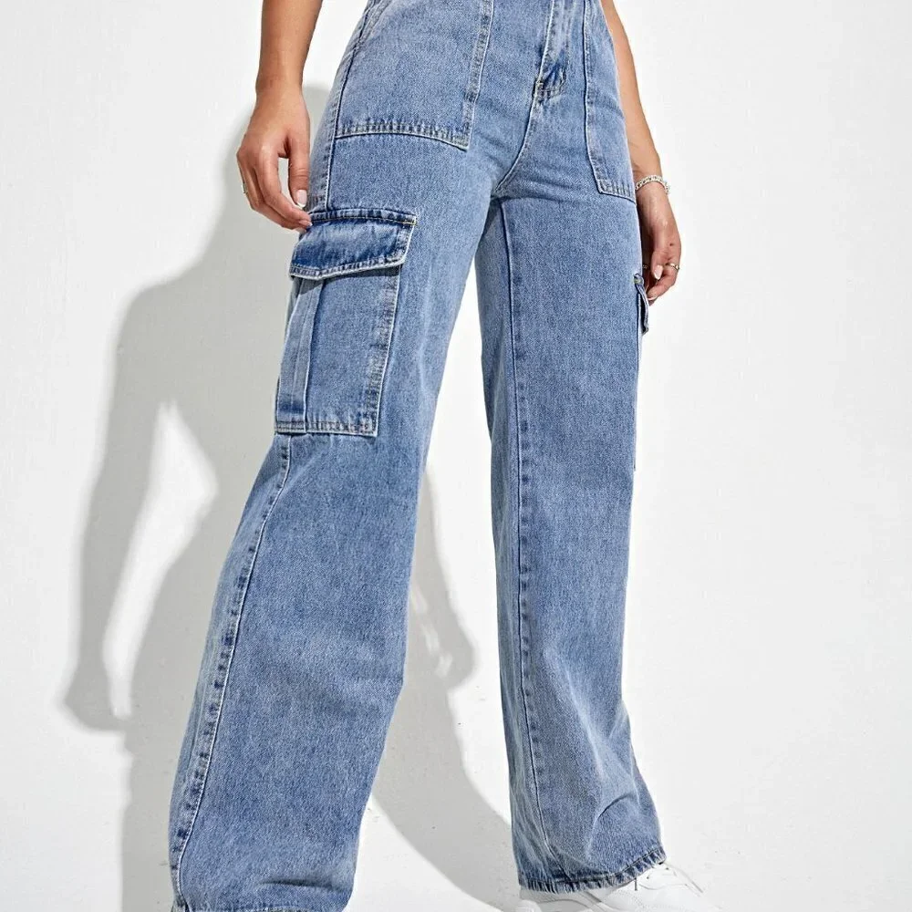 Light Wash Casual Womens High Waist Flap Pocket Side Cargo Jeans